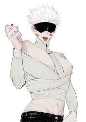 Rule 34 | 1boy, bare shoulders, black blindfold, black pants, blindfold, commentary, gojou satoru, highres, jujutsu kaisen, large pectorals, lipstick, lipstick mark, long sleeves, makeup, male focus, moy64904958, muscular, muscular male, nail polish, navel, nipples, off shoulder, open mouth, pants, pectorals, red lips, red nails, short hair, simple background, smeared lipstick, solo, symbol-only commentary, thighs, tongue, tongue out, turtleneck, white background, white hair, zipper pull tab