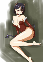 Rule 34 | 1girl, bare legs, barefoot, blush, breasts, covered navel, demon tail, elbow gloves, gloves, horns, legs, looking at viewer, purple hair, red eyes, short hair, smile, solo, tail, zaxwu