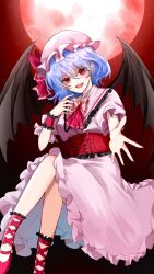 Rule 34 | 1girl, 2dio9gwjal28761, ascot, bat wings, blue hair, corset, dress, hat, hat ribbon, highres, mob cap, moon, pink dress, pink hat, red ascot, red eyes, red footwear, red moon, remilia scarlet, ribbon, short hair, slit pupils, solo, touhou, wings, wrist cuffs
