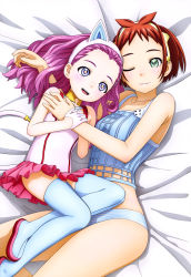 Rule 34 | + +, 10s, 2girls, absurdres, alice (id-0), bare shoulders, bed sheet, blue eyes, blush, brown hair, chanohara takuya, collarbone, forehead, gloves, green eyes, hairband, highres, hug, id-0, looking at viewer, lying, megami magazine, mikuri maya, multiple girls, official art, on back, one eye closed, open mouth, panties, purple hair, scan, skirt, smile, striped clothes, striped panties, teeth, thighhighs, underwear
