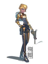 Rule 34 | 1girl, absurdres, backpack, bag, belt, blonde hair, blue eyes, breasts, cyberpunk, cyborg, earrings, gun, hand on own hip, highleg, highleg leotard, highres, holding, holding gun, holding weapon, jewelry, koutetu yarou, leotard, looking at viewer, original, pants, pouch, prosthesis, prosthetic arm, science fiction, shadow, signature, small breasts, solo, thigh pouch, weapon, white background