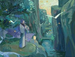 Rule 34 | absurdres, aguswqj, bird, blue hair, cliff, closed eyes, highres, instrument, lantern, leaf, long hair, long sleeves, low-tied long hair, music, nature, outdoors, plant, playing instrument, river, luo xiaohei zhanji, tree, very long hair, wide sleeves, wuxian (the legend of luoxiaohei)