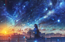 Rule 34 | 1girl, blue skirt, blunt bangs, building, city, cityscape, cloud, collared shirt, commentary, cowboy shot, from side, highres, kenzo 093, long hair, original, outdoors, pleated skirt, scenery, shirt, shooting star, short sleeves, skirt, sky, sky focus, solo, sparkle, star (sky), starry sky, sun, very long hair, white shirt, wide shot