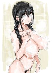Rule 34 | 1girl, absurdres, black hair, blue eyes, braid, breasts, convenient censoring, highres, huge breasts, jimiko, kuppipi ramutarou, large breasts, nude, original, pubic hair, round eyewear, showering, soap bubbles, soap censor, twin braids