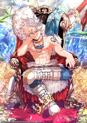 Rule 34 | 1boy, absurdres, bakugou katsuki, blonde hair, boku no hero academia, boots, coin, crown, crystal, fur trim, gold, grin, highres, huge weapon, knee boots, looking at viewer, male focus, multiple necklaces, red eyes, short hair, smile, solo, spiked hair, sword, tattoo, throne, topless male, twitter username, v-shaped eyebrows, waist cape, weapon, yazaki (yazakc)