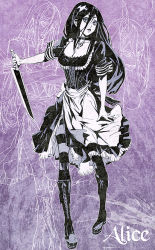 Rule 34 | 1girl, alice: madness returns, alice in wonderland, alice liddell (american mcgee&#039;s alice), american mcgee&#039;s alice, american mcgee's alice, apron, black hair, blood, boots, breasts, choker, cleavage, full body, knife, long hair, maeshima shigeki, striped clothes, striped thighhighs, thighhighs