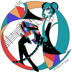 Rule 34 | 1girl, abstract, aqua hair, aqua necktie, bare shoulders, black eyes, black footwear, black sleeves, black thighhighs, boots, breasts, closed mouth, colored skin, detached sleeves, full body, hair between eyes, hair ornament, hand up, hatsune miku, light smile, long hair, long sleeves, machigami yoh, miniskirt, multicolored hair, necktie, shirt, simple background, skirt, sleeveless, sleeveless shirt, small breasts, solo, thigh boots, thighhighs, twintails, twitter username, very long hair, vocaloid, white background, white shirt, white skin, wide sleeves, zettai ryouiki