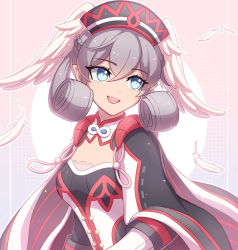 Rule 34 | 1girl, blue eyes, braid, breasts, cape, crown braid, curly hair, dress, enni, female focus, gloves, hat, head wings, highres, long hair, long sleeves, looking at viewer, medium breasts, melia antiqua, open mouth, puffy sleeves, silver hair, simple background, smile, solo, thighhighs, upper body, wings, xenoblade chronicles (series), xenoblade chronicles 1