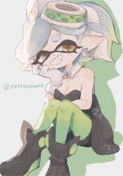 Rule 34 | 1girl, artist name, bare arms, black dress, bow-shaped hair, breasts, cleavage, collarbone, detached collar, dress, earrings, fangs, flipped hair, food, food on head, gloves, green pantyhose, grey hair, half updo, highres, hoop earrings, inkling, jewelry, marie (splatoon), medium breasts, mole, mole under eye, nintendo, object on head, pantyhose, pointy ears, short dress, shorts under dress, solo, splatoon (series), strapless, strapless dress, sushi, swept bangs, tentacle hair, thick eyebrows, white gloves, yellow eyes, yuritokemo