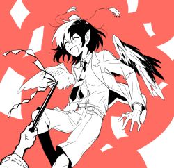Rule 34 | 2girls, ^ ^, anger vein, bird wings, blazer, closed eyes, collared shirt, eyebrows hidden by hair, facing viewer, feathered wings, feet out of frame, floating hair, from side, gohei, greyscale with colored background, hair behind ear, hair between eyes, hakurei reimu, hat, holding, holding gohei, jacket, kneehighs, lapels, layered sleeves, leg up, light blush, long sleeves, multiple girls, necktie, notched lapels, open clothes, open jacket, open mouth, out of frame, pointy ears, re ghotion, red background, red theme, ribbon-trimmed sleeves, ribbon trim, shameimaru aya, shameimaru aya (newsboy), shirt, shirt tucked in, short hair, shorts, smile, socks, solo focus, tassel, tokin hat, touhou, wide sleeves, wind, wing collar, wings