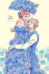 Rule 34 | 1boy, 1girl, ^ ^, arm tattoo, blonde hair, blue dress, blue pants, carrying, closed eyes, commentary request, curly eyebrows, dress, earrings, hair bun, hand on another&#039;s head, hatch (8cco), highres, holding, holding umbrella, jewelry, looking at another, nami (one piece), neck ribbon, one piece, orange hair, pants, profile, ribbon, sanji (one piece), simple background, smile, strapless, strapless dress, tattoo, umbrella, waistcoat