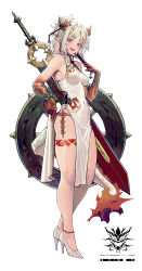 Rule 34 | 1girl, absurdres, anklet, arknights, arm tattoo, bare shoulders, braid, breasts, china dress, chinese clothes, coin, colored skin, constant qiu, covered erect nipples, covered navel, dragon girl, dragon horns, dragon tail, dress, earrings, fangs, folded fan, folding fan, full body, hair ornament, hairpin, hand fan, high heels, highres, holding, holding fan, holed coin, horns, jewelry, leg tattoo, long hair, looking at viewer, multicolored hair, nian (arknights), nian (unfettered freedom) (arknights), official alternate costume, open mouth, panties, panty peek, pointy ears, purple eyes, red hair, red panties, red skin, shield, side-tie panties, simple background, small breasts, solo, standing, streaked hair, sword, tail, tassel, tassel earrings, tattoo, underwear, weapon, weapon on back, white background, white hair