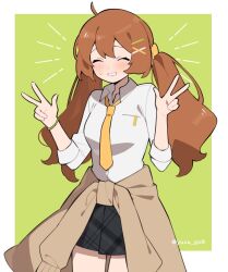 Rule 34 | 1girl, ^ ^, ahoge, blush, breast pocket, breasts, brown hair, closed eyes, clothes around waist, collared shirt, commentary, double w, facing viewer, green background, grey skirt, hair ornament, hair scrunchie, hairclip, hands up, highres, long hair, long sleeves, low twintails, necktie, original, pekaso1118n, plaid, plaid skirt, pleated skirt, pocket, scrunchie, shirt, skirt, small breasts, smile, solo, sweat, symbol-only commentary, twintails, two-tone background, unmoving pattern, very long hair, w, white background, white shirt, x hair ornament, yellow necktie, yellow scrunchie