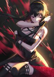 Rule 34 | 1girl, bare shoulders, black dress, black hair, black thighhighs, blood, blood on arm, blood on face, breasts, cleavage, dress, dual wielding, earrings, floral print, flower, hair flower, hair ornament, hairband, highres, holding, jewelry, kirisita, large breasts, lens flare, long hair, red dress, red eyes, solo, spy x family, thighhighs, two-tone dress, weapon, yor briar