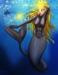 Rule 34 | 1girl, abs, blonde hair, gradient background, green eyes, lips, mermaid, monster girl, open mouth, robaato, solo