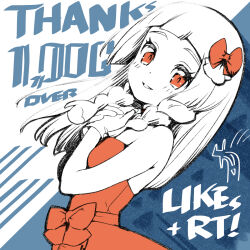 Rule 34 | 1girl, bare arms, blush, bow, braid, cosplay, creatures (company), dress, eyelashes, from side, game freak, gloves, hands up, highres, kinocopro, lillie (pokemon), long hair, looking at viewer, looking to the side, milestone celebration, nintendo, orange bow, orange dress, orange eyes, own hands together, parted lips, pokemon, pokemon (anime), pokemon sm (anime), pokemon xy (anime), serena (pokemon) (cosplay), smile, solo, strapless, strapless dress, thank you, twin braids