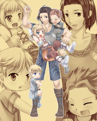 Rule 34 | &gt;:d, 1girl, 3boys, :d, ^ ^, aged down, alternate costume, ankle boots, arm up, armlet, armpits, beige background, black eyes, black hair, blonde hair, blue eyes, blush, boots, brother and sister, brown footwear, brown hair, closed eyes, dunban (xenoblade), family, fiora (xenoblade), full body, green eyes, highres, hug, hugging own legs, multiple boys, nintendo, on shoulder, open mouth, red hair, reyn (xenoblade), shoe soles, shulk (xenoblade), siblings, simple background, smile, standing, thighhighs, v-shaped eyebrows, xenoblade chronicles (series), xenoblade chronicles 1, zoom layer