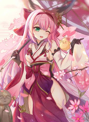 Rule 34 | 1girl, animal ear fluff, animal ears, azur lane, bare shoulders, blush, breasts, cherry blossoms, flower, fox ears, fox girl, fox tail, gloves, green eyes, hair between eyes, hair flower, hair ornament, hairband, hanazuki (azur lane), highres, holding, holding umbrella, japanese clothes, kimono, long hair, long sleeves, looking at viewer, manjuu (azur lane), no panties, one eye closed, open mouth, pink hair, print umbrella, ribbon, small breasts, smile, tail, thighs, umbrella, vincente, wide sleeves