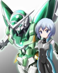 Rule 34 | 00s, 10s, 1girl, arms behind back, blue eyes, blue hair, bodysuit, celestial being, covered navel, expressionless, formal, grey background, gundam, gundam 00, gundam build fighters, gundam build fighters try, gundam portent, highres, kijima shia, machinery, mecha, pilot suit, robot, short hair, simple background, skin tight, standing, suit, tenmii (transparent)