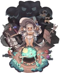Rule 34 | 1girl, animal, azur lane, bare legs, bird, black panties, blunt bangs, blush, book, bottle, braid, breasts, brown eyes, candle, cat, cauldron, chain, chick, cleavage, clothing cutout, dark-skinned female, dark skin, detached sleeves, dress, fang, fire, flask, from above, green pupils, hands up, hat, highres, jar, large hat, leaning forward, long dress, long hair, long sleeves, looking at viewer, manjuu (azur lane), navel, non-web source, nubian (azur lane), nubian (normal potion maker) (azur lane), official alternate costume, official art, open book, open mouth, outstretched arms, panties, pelvic curtain, potion, promotional art, pumpkin, revealing clothes, robe, side slit, skin fang, small breasts, smile, solo, sparkle, standing, table, underwear, vial, white dress, white hair, white hat, white sleeves, wide sleeves, witch, witch hat