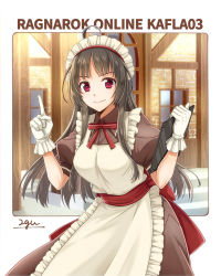 Rule 34 | 1girl, 20nigu, ahoge, apron, black hair, bow, bowtie, breasts, brown dress, building, clipboard, closed mouth, commentary request, commission, cowboy shot, dress, english text, engrish text, gloves, holding, holding clipboard, jasmine (ragnarok online), kafra uniform, long hair, looking at viewer, maid, maid apron, maid headdress, medium breasts, pointing, pointing up, puffy short sleeves, puffy sleeves, ragnarok online, ranguage, red bow, red bowtie, red eyes, red sash, sash, short sleeves, signature, skeb commission, smile, solo, white apron, white gloves, window