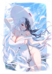 Rule 34 | 1girl, bare shoulders, black hair, blue sky, blush, breasts, cleavage, cloud, dress, frills, grin, groin, hat, highres, large breasts, less (neverless), long hair, merumeko, multicolored hair, original, red eyes, revealing clothes, sideboob, sky, smile, solo, sun hat, two-tone hair, very long hair, white dress, white hair, white hat