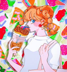 Rule 34 | 1990s (style), 1girl, abstract background, bag, blue eyes, colorful, commentary, doughnut, drink, drinking, drinking straw, food, food-themed background, hair ornament, heart, heart hair ornament, holding, holding drink, holding strap, ice, ice cream, ice cube, inuha dog wave, looking at viewer, mole, mole under eye, orange hair, original, pizza, pizza slice, profile, retro artstyle, shirt, short hair, short sleeves, shoulder bag, sideways glance, solo, symbol-only commentary, t-shirt, unfinished, white shirt