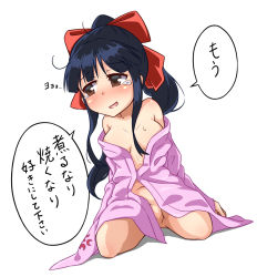 Rule 34 | 1girl, blue hair, blush, breasts, brown eyes, cleavage, convenient censoring, hair ribbon, japanese clothes, japanese text, kneeling, large breasts, legs, long hair, open clothes, open mouth, ponytail, ribbon, sakura taisen, sega, shinguuji sakura, smile, solo, tears, thighs, translation request