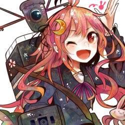 Rule 34 | 10s, 1girl, ;d, ;p, bad id, bad nicoseiga id, blush, rabbit hair ornament, cannon, crescent, crescent hair ornament, hair ornament, hair ribbon, itomugi-kun, kantai collection, long hair, long sleeves, neckerchief, one eye closed, open mouth, personification, pink hair, portrait, red eyes, ribbon, school uniform, smile, solo, tongue, tongue out, turret, uzuki (kancolle), wink