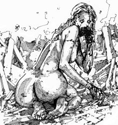 Rule 34 | 1girl, artist request, ass, blood, breasts, from behind, looking back, monochrome, monster girl, zombie