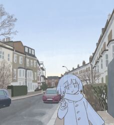 Rule 34 | 1girl, bare tree, blue sky, car, cityscape, dawn, dot nose, hand up, hedge, highres, house, jacket, jitome, lamppost, long sleeves, looking at viewer, morning, motor vehicle, muji (uimss), original, outdoors, road, scarf, scenery, short hair, sky, solo, street, town, tree, upper body, v