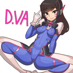 Rule 34 | 1girl, bad id, bad pixiv id, bodysuit, brown eyes, brown hair, character name, choi palbo, covered erect nipples, covered navel, d.va (overwatch), facial mark, gloves, headphones, long hair, overwatch, overwatch 1, parted lips, simple background, smile, solo, spread legs, whisker markings, white background, white gloves