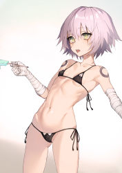 Rule 34 | 1girl, :p, bandaged arm, bandages, bikini, black bikini, breasts, collarbone, facial scar, fate/apocrypha, fate (series), food, green eyes, hair between eyes, highres, jack the ripper (fate/apocrypha), navel, pink hair, pokan (xz1128), popsicle, scar, scar across eye, scar on cheek, scar on face, short hair, side-tie bikini bottom, small breasts, solo, swimsuit, tattoo, teeth, tongue, tongue out, upper teeth only