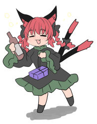 Rule 34 | 1girl, :d, = =, animal ears, blush, bottle, bow, braid, cat ears, cat tail, chups, closed eyes, dress, drunk, fang, hair bow, highres, holding, holding bottle, kaenbyou rin, long sleeves, multiple tails, nekomata, open mouth, red hair, simple background, smile, solo, squeans, tail, touhou, twin braids, two tails, white background