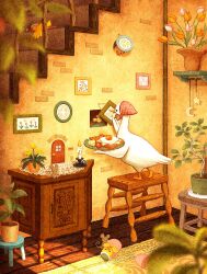 Rule 34 | animal focus, bed, bird, bread, bread slice, candle, candlestand, cheese, cherry tomato, commentary, crescent, cup, door, duck, duckling, egg (food), flower, food, fried egg, fried egg on toast, head scarf, highres, holding, holding plate, in container, in cup, in food, indoors, mouse (animal), no humans, orange flower, original, paco (piko chan723), painting (object), picture frame, plant, plate, potted plant, rug, sausage, shelf, sitting, sleeping, stairs, star (symbol), stool, toast, tomato, tulip, under covers, white flower, yellow flower