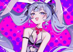Rule 34 | 1girl, animal ears, blue eyes, blue hair, blush, breasts, clothing cutout, commentary request, fake animal ears, hatsune miku, heart, heart-shaped pupils, heart cutout, highres, leotard, long hair, looking at viewer, object in bra, open mouth, playboy bunny, rabbit ears, rabbit hole (vocaloid), sekitsuki hayato, small breasts, smile, solo, symbol-shaped pupils, teardrop facial mark, very long hair, vocaloid