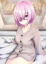 Rule 34 | 1girl, :d, alternate costume, bed, breasts, building, buttons, cardigan, city, cleavage, coat, collared shirt, fate/grand order, fate (series), glasses, hair over one eye, highres, indoors, light purple hair, long sleeves, looking at viewer, mash kyrielight, medium breasts, naked coat, nekobaka, night, one eye covered, open mouth, purple eyes, shirt, short hair, signature, sitting, skyscraper, sleeves past wrists, smile, solo, window, wing collar