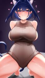 Rule 34 | 1girl, absurdres, alternate costume, animal ears, arms behind back, bare shoulders, blue eyes, blue hair, blush, bottomless, breasts, cat ears, cat tail, closed mouth, fang, hair intakes, heart, heart-shaped pupils, highres, hololive, hololive english, large breasts, looking at viewer, on bed, ouro kronii, samehada0107, short hair, sideboob, sleeveless, solo, steam, sweater, symbol-shaped pupils, tail, thighs, tiptoes, virtual youtuber, wavy mouth