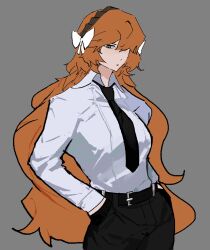 Rule 34 | 1girl, black gloves, black pants, bow, brown hairband, cowboy shot, freckles, gloves, green eyes, hair bow, hairband, hands in pockets, highres, ishmael (project moon), ishmaelfanno13, limbus company, long hair, long sleeves, orange hair, pants, project moon, rope, sidelocks, solo, very long hair, white bow