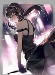 Rule 34 | 1girl, back, black dress, black hair, blush, city lights, dress, hairband, highres, holding, holding weapon, long bangs, looking back, qitoli, red eyes, solo, spy x family, weapon, yor briar