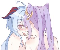Rule 34 | 2girls, ahoge, blue hair, blush, commentary request, cone hair bun, ear blush, from behind, ganyu (genshin impact), genshin impact, hair bun, heart, heart-shaped pupils, highres, horns, keqing (genshin impact), licking, licking finger, long hair, looking at another, multiple girls, nude, orange eyes, purple hair, symbol-shaped pupils, upper body, wu qin (gyxx 04), yuri