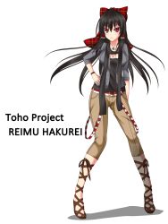 Rule 34 | 1girl, ankle ribbon, belt, black hair, blush, bow, breasts, casual, character name, cleavage, contemporary, copyright name, female focus, gmot, hair bow, hakurei reimu, highres, jacket, jewelry, leg ribbon, long hair, necklace, pants, red eyes, ribbon, sandals, shirt, solo, suspenders, touhou, watch, wristwatch, yin yang
