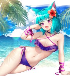 Rule 34 | 1girl, :d, absurdres, aqua hair, arm support, bare shoulders, bikini, blue sky, blush, choker, cloud, collarbone, commentary request, commission, criss-cross halter, day, eyebrows hidden by hair, fang, flower, frilled bikini, frills, hair flower, hair ornament, halterneck, hand up, heart, hibiscus, highres, horizon, korean commentary, looking at viewer, menna (0012), navel, ocean, open mouth, original, palm tree, pixiv commission, purple bikini, purple choker, purple eyes, red flower, revision, side-tie bikini bottom, sky, smile, solo, swimsuit, tree, water
