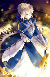 Rule 34 | 1girl, ahoge, armor, armored dress, artoria pendragon (fate), blonde hair, blue eyes, dress, excalibur (fate/stay night), fate/zero, fate (series), gauntlets, glowing, glowing sword, glowing weapon, hair ribbon, hands on hilt, highres, planted sword, planted, ribbon, saber (fate), solo, sword, tooaya, weapon