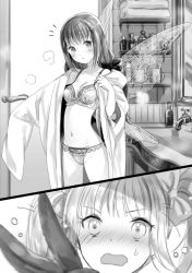 Rule 34 | 2girls, blush, bow, bra, breasts, butterfly wings, cleavage, collarbone, fuzichoco, greyscale, hair bow, highres, indoors, insect wings, japanese clothes, kenja no deshi wo nanoru kenja, kimono, looking at viewer, mariana (kenja), medium breasts, mira (kendeshi), monochrome, multiple girls, navel, novel illustration, official art, open clothes, open kimono, open mouth, panties, split screen, standing, sweatdrop, transparent, underwear, underwear only, wings