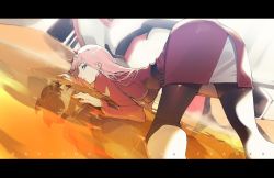 Rule 34 | 10s, 1boy, 1girl, bodysuit, brown hair, copyright name, darling in the franxx, green eyes, hairband, hiro (darling in the franxx), horns, long hair, pantyhose, pink hair, ryota-h, skirt, solo focus, top-down bottom-up, white hairband, zero two (darling in the franxx)