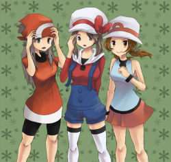 Rule 34 | 3girls, bare shoulders, breasts, brown hair, cosplay, creatures (company), female focus, game freak, green (pokemon), hat, large breasts, long hair, lyra (pokemon), may (pokemon), multiple girls, nintendo, pokemon, pokemon hgss, skirt, thighhighs