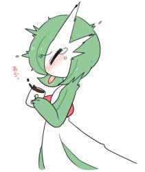 Rule 34 | 1girl, blush, bob cut, burnt, closed eyes, coffee, colored skin, cowboy shot, creatures (company), cup, drink, female focus, flat chest, flat color, from side, game freak, gardevoir, gen 3 pokemon, green hair, green skin, hand up, holding, holding cup, injury, japanese text, lotosu, multicolored skin, nintendo, nose blush, pokemon, pokemon (creature), profile, short hair, simple background, sketch, solo, standing, tears, tongue, tongue out, translation request, trembling, two-tone skin, white skin
