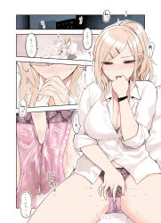 Rule 34 | 1girl, black choker, blonde hair, blush, breasts, brown eyes, choker, cleavage, comic, fangs, female masturbation, fingering, fingering through clothes, gyaru, hair ornament, hairclip, highres, large breasts, long hair, masturbation, nino (sunaba suzume), on bed, open mouth, original, panties, parted lips, pink panties, ponytail, pussy juice, pussy juice drip through clothes, school uniform, shirt, skirt, unworn skirt, socks, sunaba suzume, through clothes, translation request, underwear, white shirt, white socks