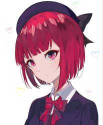 Rule 34 | 1girl, arima kana, beret, blue hat, blue vest, bob cut, closed mouth, collar, duplicate, hat, hat ribbon, heart, highres, inverted bob, mosaic0614, oshi no ko, pink ribbon, pixel-perfect duplicate, red eyes, red hair, ribbon, school uniform, short hair, simple background, solo, upper body, vest, white background, white collar, youtou high school uniform